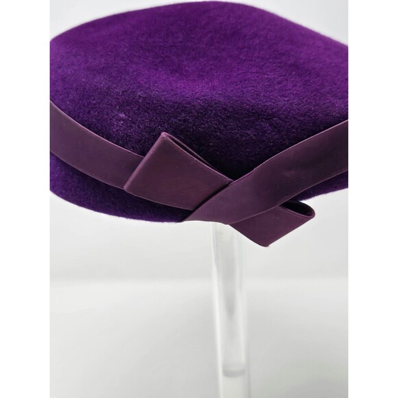 VINTAGE EVA MAE MODES PURPLE VELOUR PILLBOX HAT CAP MCM 50S RIBBON BOW WOMEN OS - Picture 2 of 10